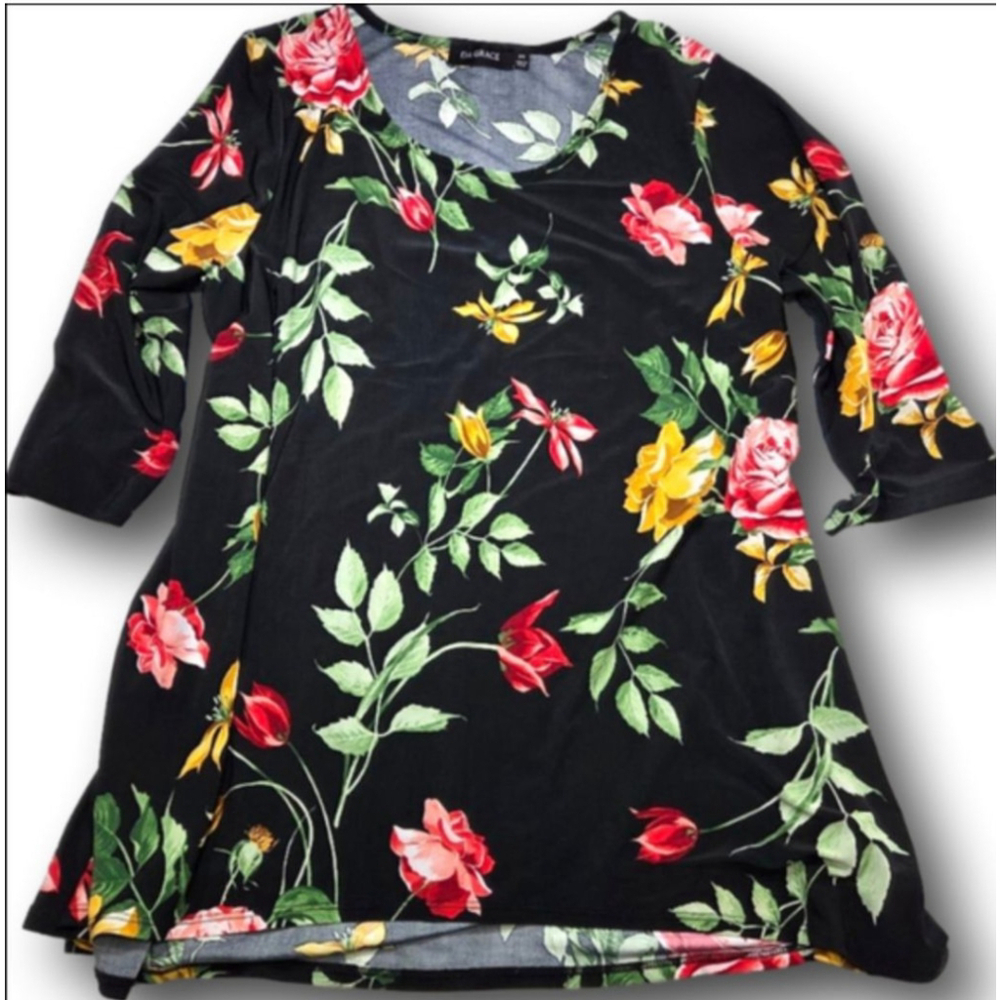 Women's DA GRACE Black Floral Tunic Top 2X